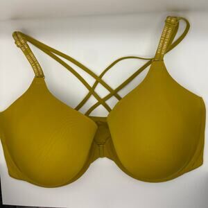 Victoria’s Secret 38DDD Mustard Yellow T-Shirt Demi Bra Logo Strap Crisscross